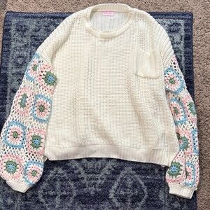 Pink Lily Cream Sweater with Crochet Sleeves
